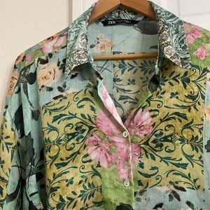 ZARA Sheer Floral Patchwork Button Down Blouse Lightweight Boho Top